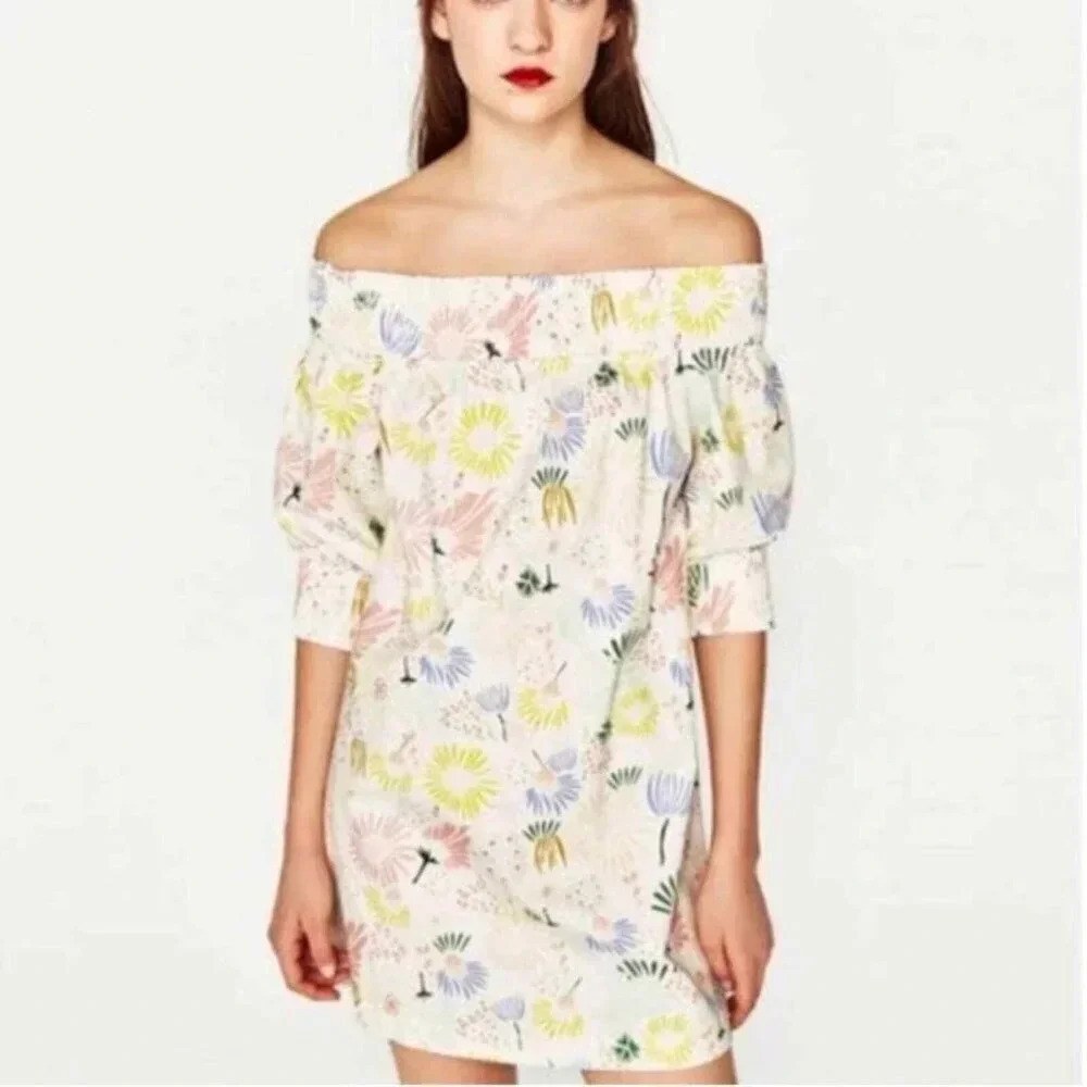 Zara Womens Size Small Off Shoulder Multicolor Print Over Mini Dress
